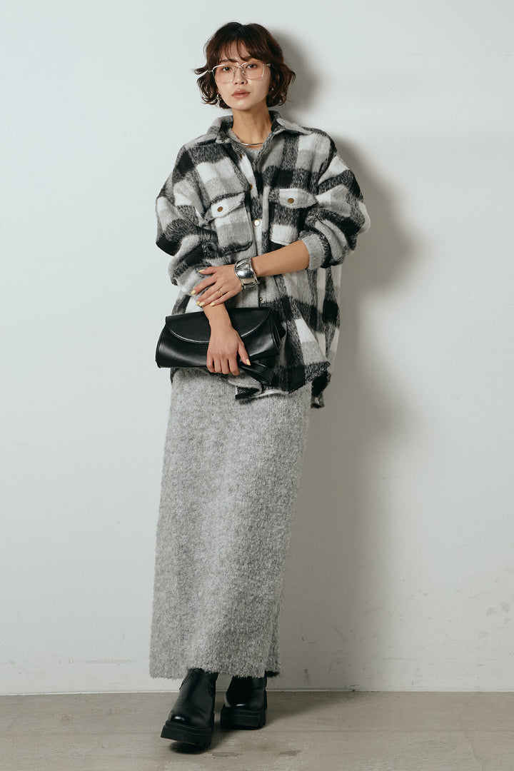 [SET]起毛チェック柄ポケットアウター+起毛ノースリーブニットロングワンピース(2set)