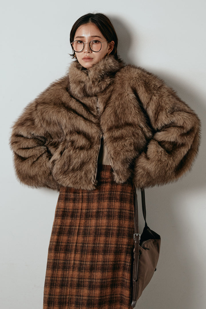 [SET]エコファーショート丈ブルゾン+シャギーチェックストレートスカート(2set)