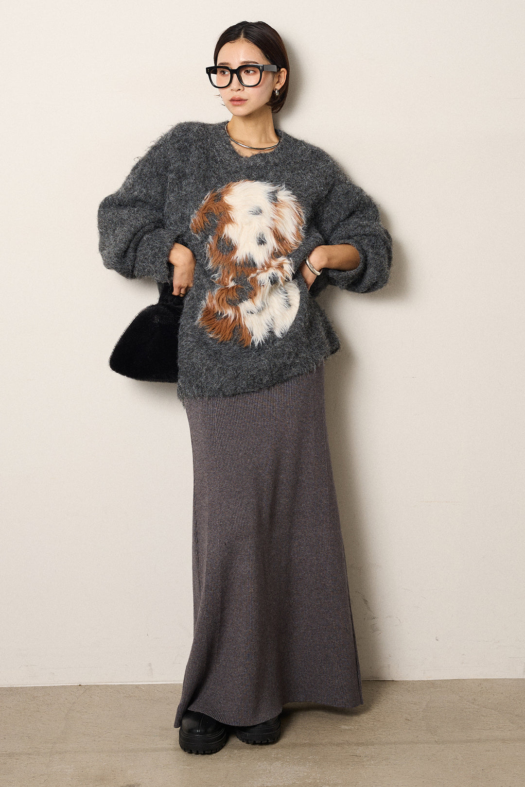 [SET]シャギーニュアンスアニマルニット+リブナローニットスカート(2set)