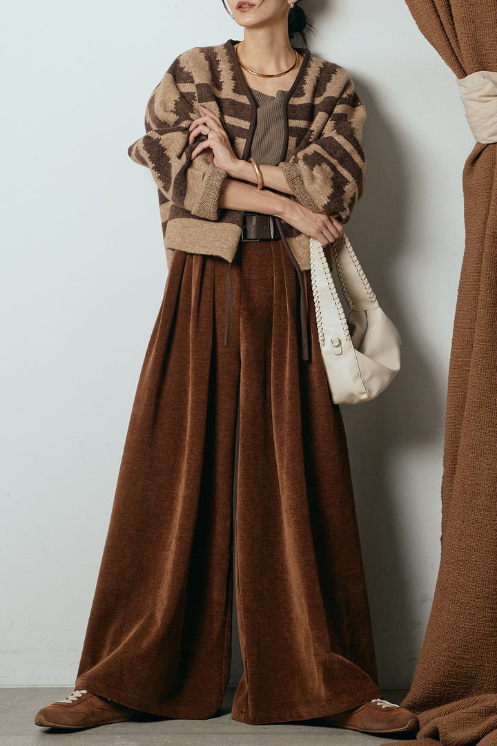 [SET]ノーカラー幾何学模様アウター+ベルトループコーデュロイワイドパンツ(2set)