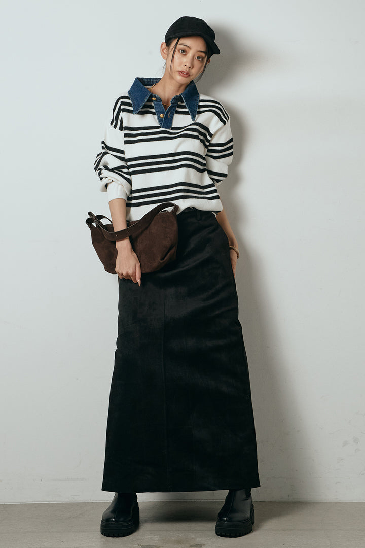 [SET]デニムレイヤード風ランダムボーダーニットプルオーバー+エコスウェードワイドスカート(2set)