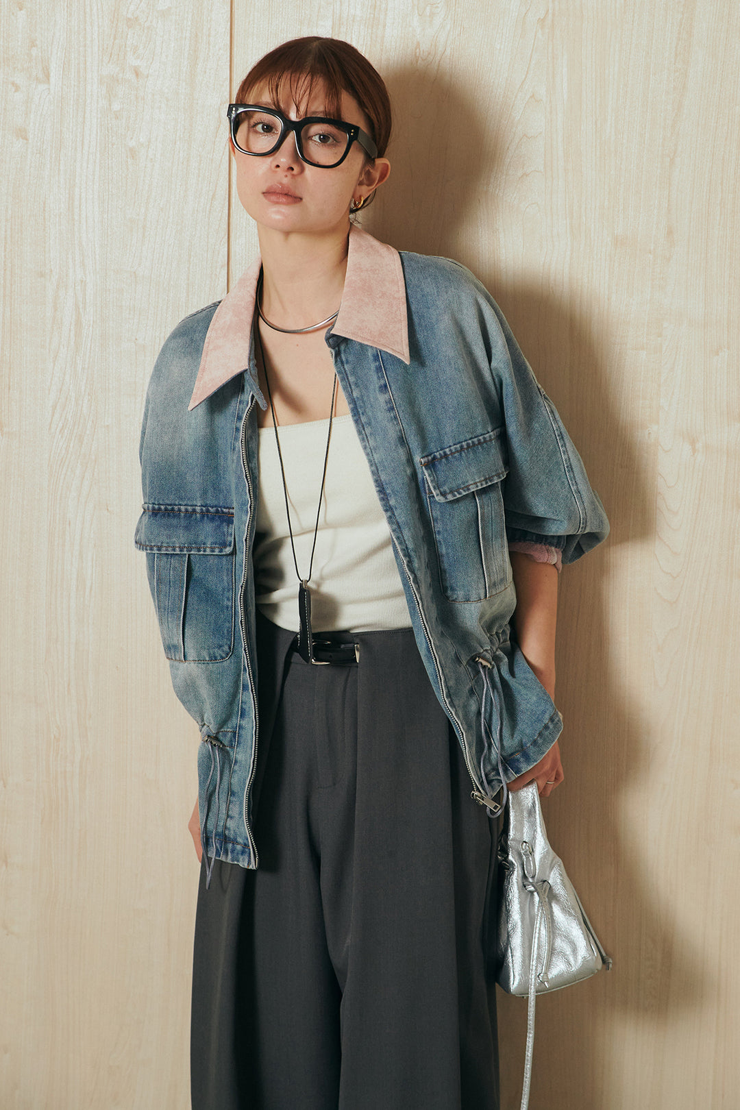 [SET]襟付き配色デニムブルゾン+ビックベルトループタックベルト付きワイドパンツ(2set)