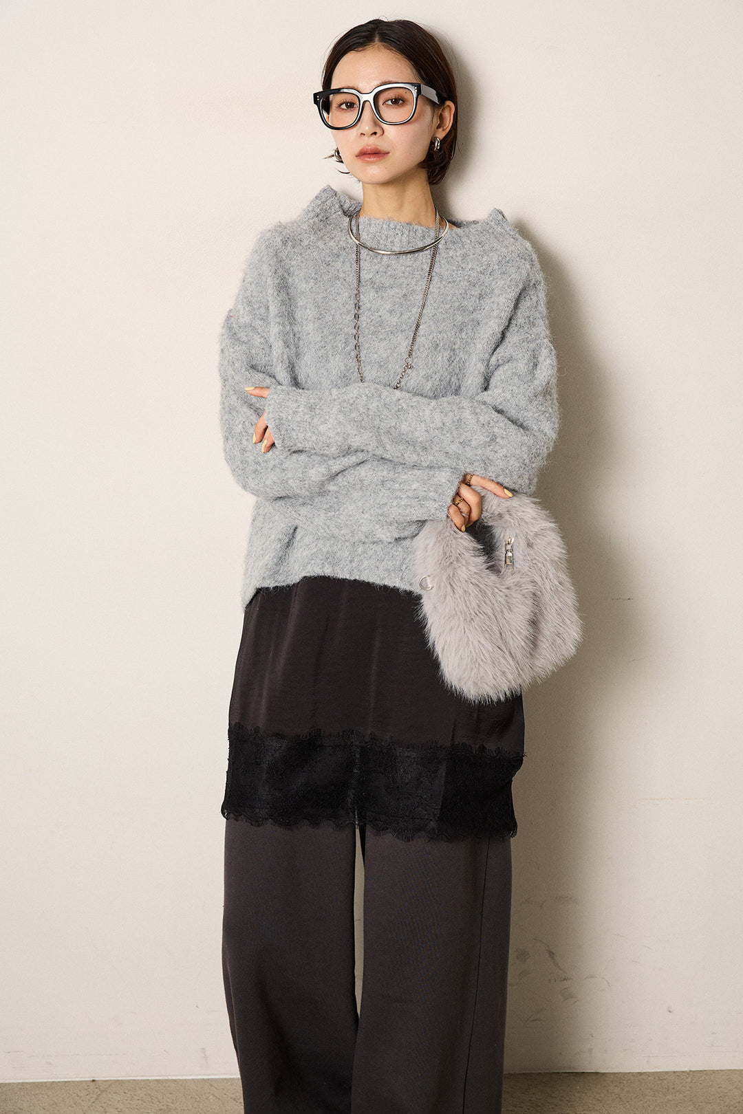 [SET]アルパカタッチオフショルニット+裏起毛スウェットワイドパンツ(2set)