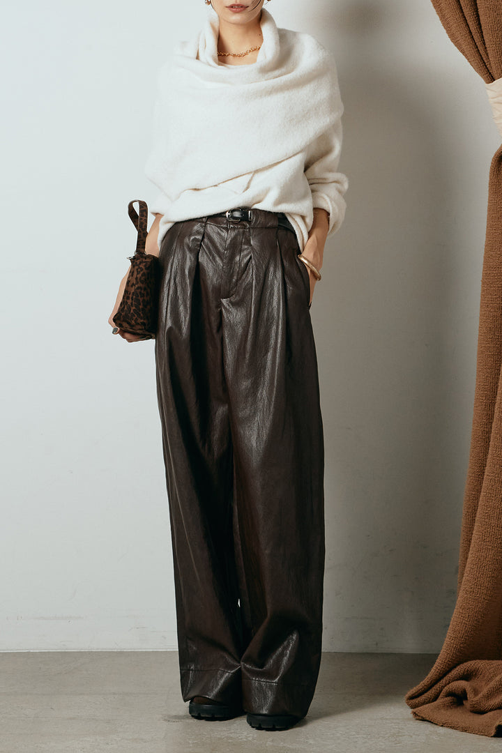 [SET]ネック巻きデザインニットトップス+ベルト付きレザーライクタックパンツ(2set)