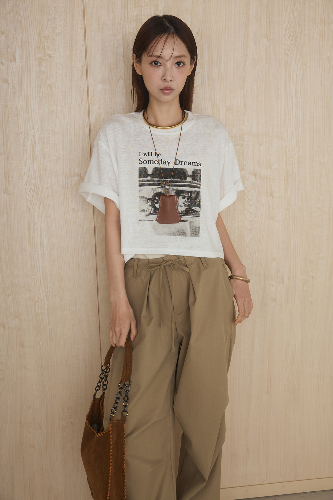 [SET]グラフィックサムデイワイドクロップドT+ニーサイドタックウエストドロストパンツ(2set)