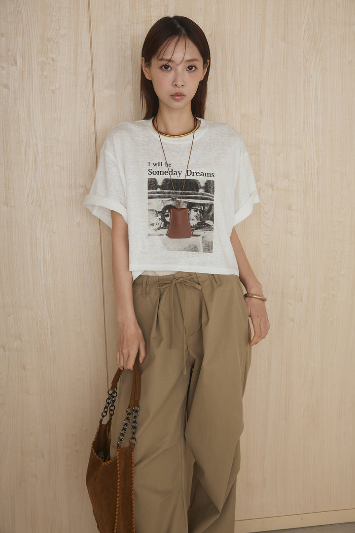 [SET]グラフィックサムデイワイドクロップドT+ニーサイドタックウエストドロストパンツ(2set)