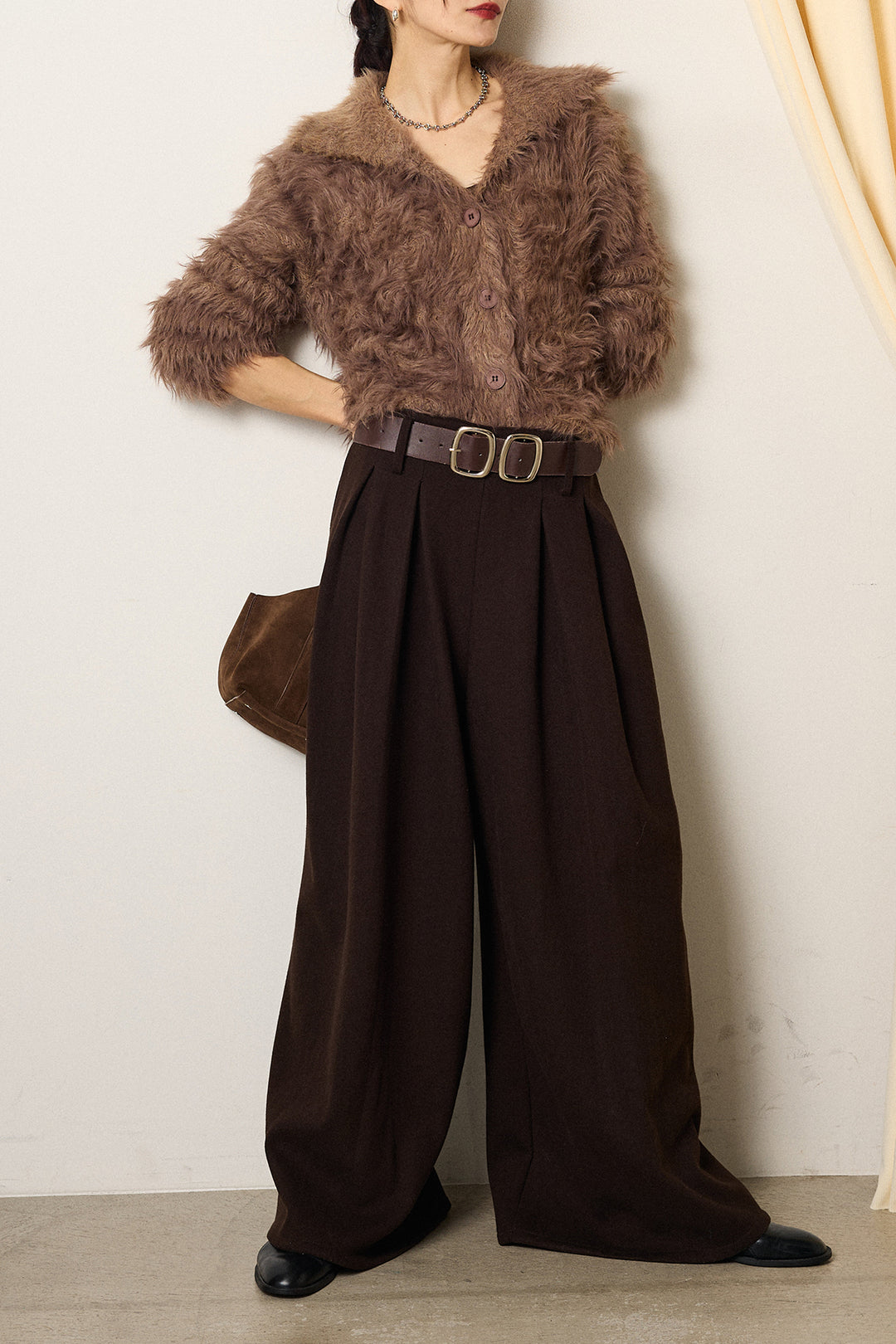 [SET]襟付きシャギーニットカーディガン+フェイクレザー太ベルト付きタックワイドパンツ(2set)
