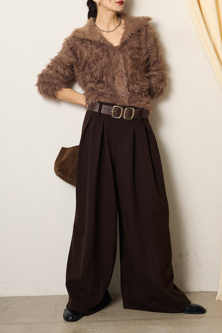 [SET]襟付きシャギーニットカーディガン+フェイクレザー太ベルト付きタックワイドパンツ(2set)