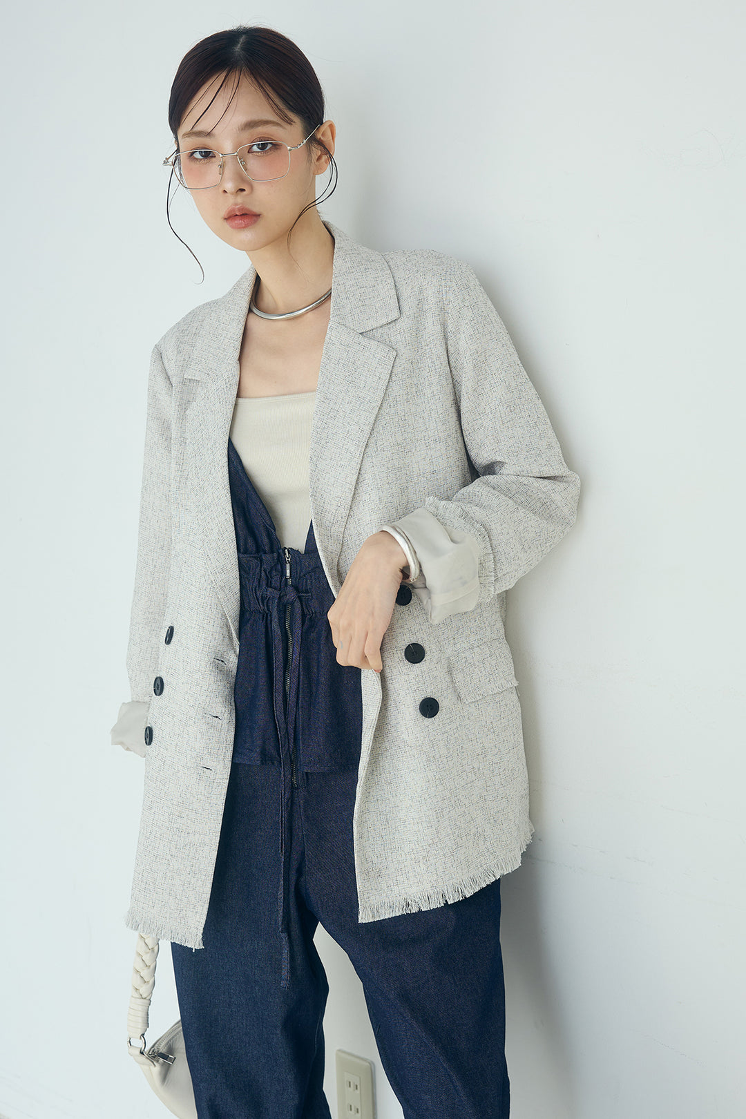 [SET]スラブネップツイードフリンジテーラードジャケット+デニムペプラムコンビネゾン(2set)