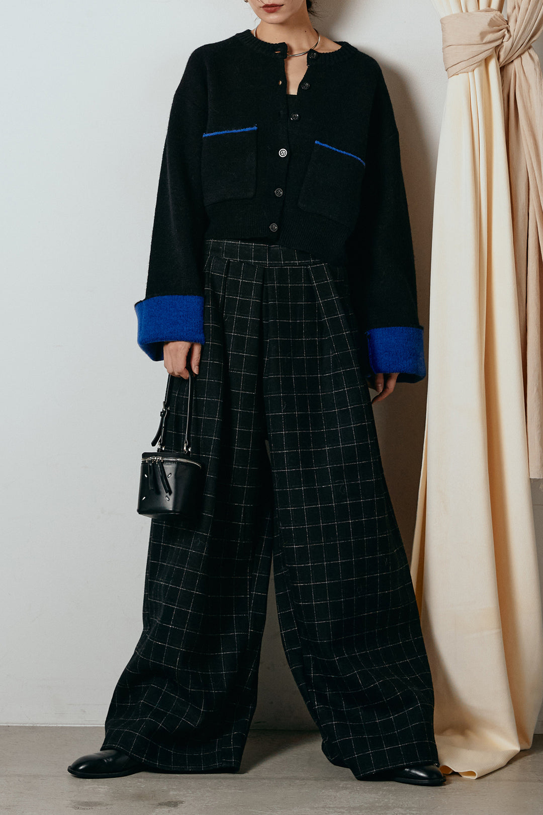 [SET]アルパカタッチダブルフェイスカーディガン+ウールライクチェックタックパンツ(2set)