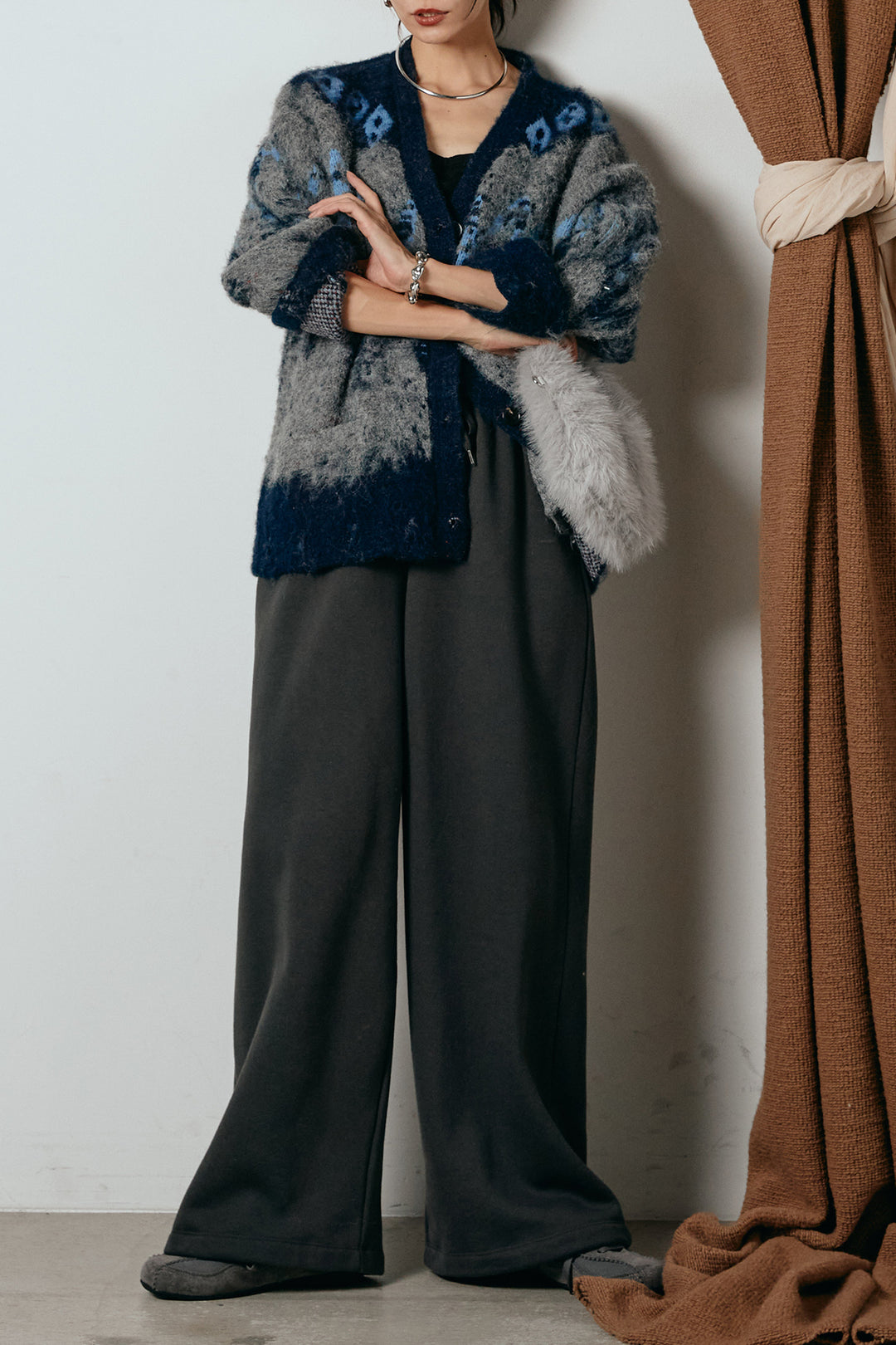[SET]シャギーニュアンス柄ニットカーディガン+裏起毛スウェットワイドパンツ(2set)