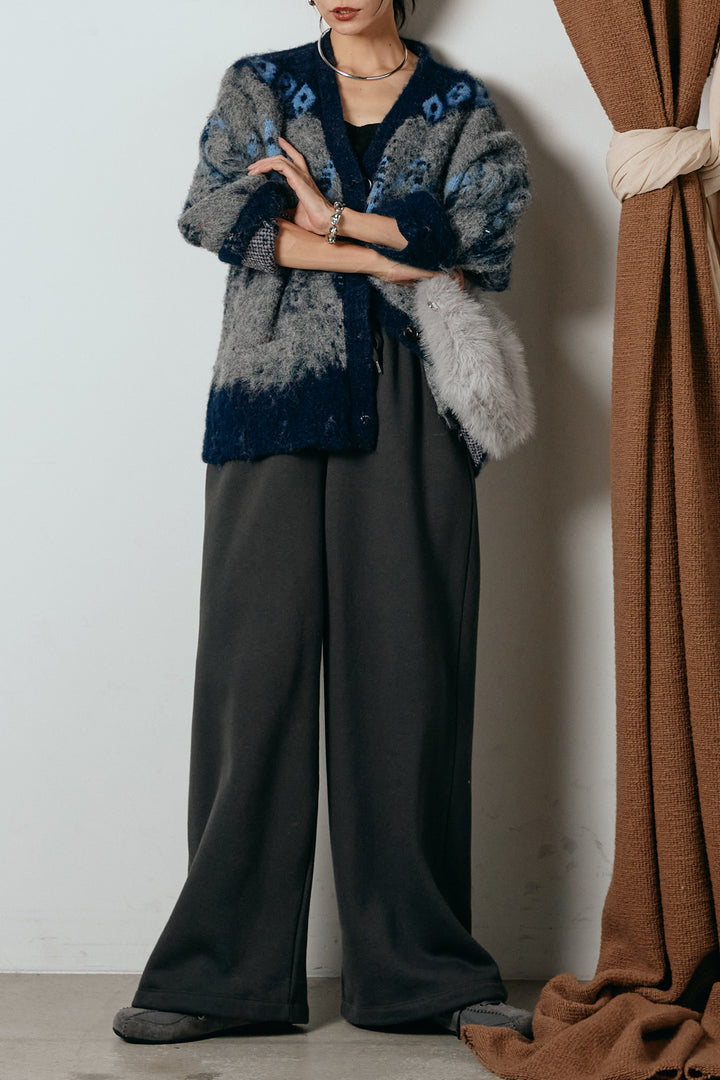 [SET]シャギーニュアンス柄ニットカーディガン+裏起毛スウェットワイドパンツ(2set)