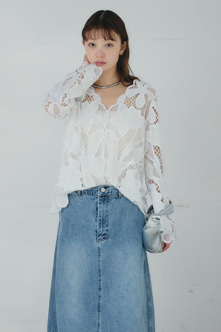[SET]フラワー刺繍レースブラウス+デニムロングフレアスカート(2set)