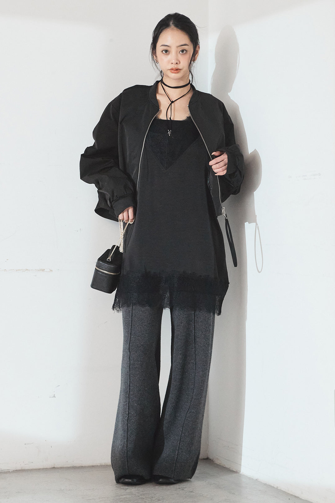 [SET]袖ギャザーデザインブルゾン+センターラインニットパンツ(2set)