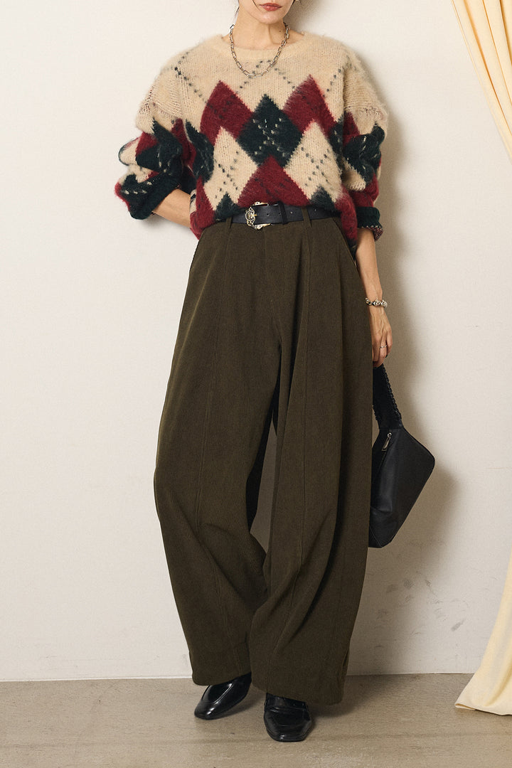[SET]配色アーガイル柄ニットトップス+ベルト付きコーデュロイワイドパンツ(2set)