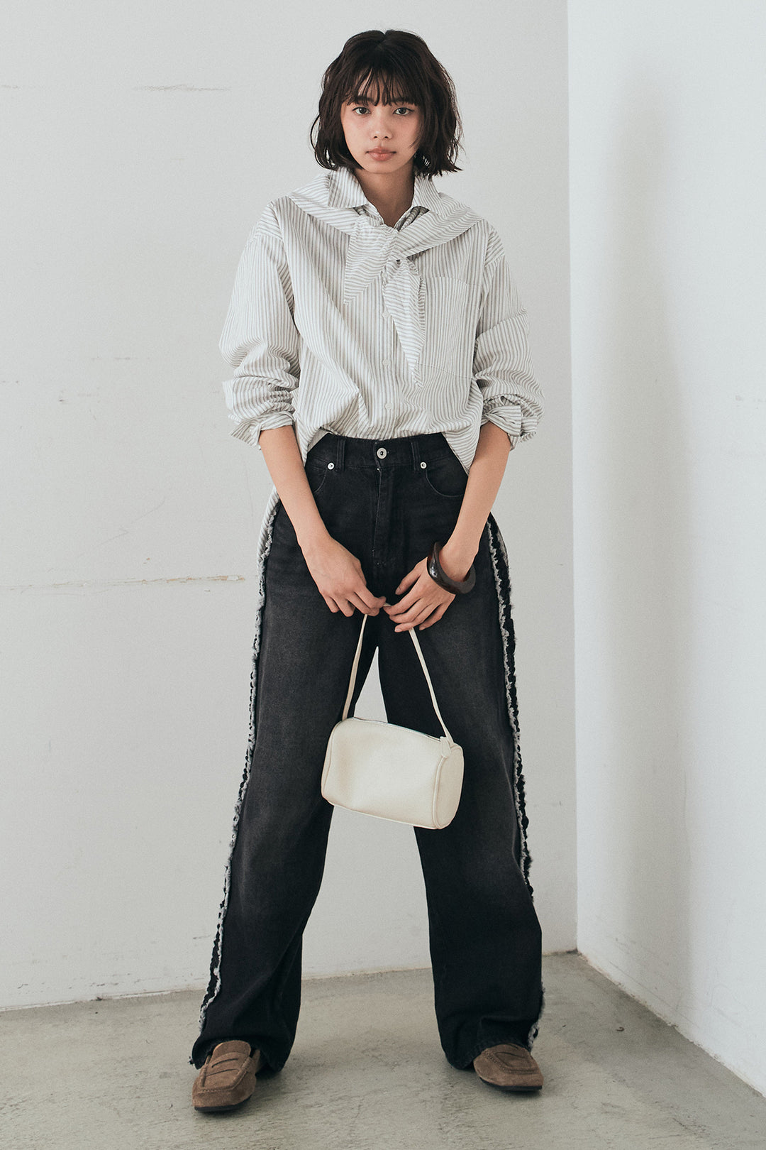 [SET]ランダムストライプスカーフ付きシャツ+デニムサイドフリルパンツ(2set)