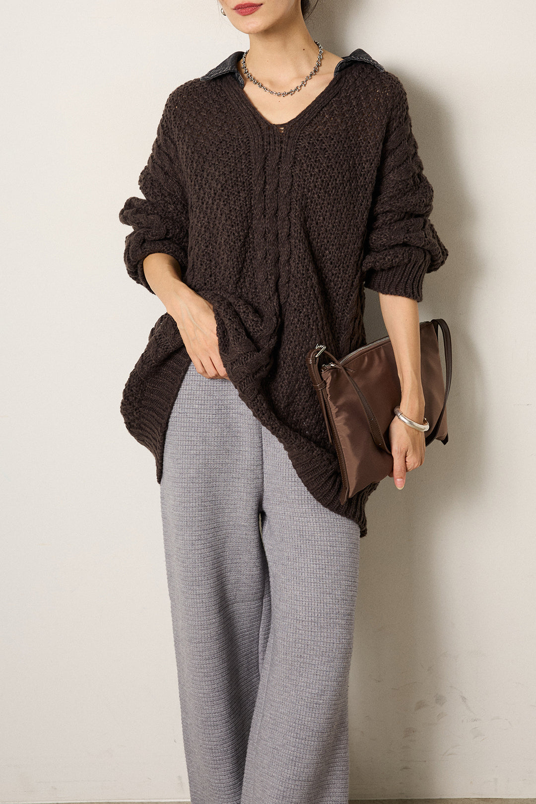 [SET]デニムカラーケーブルオーバーニット+ワイドリブニットイージーパンツ(2set)