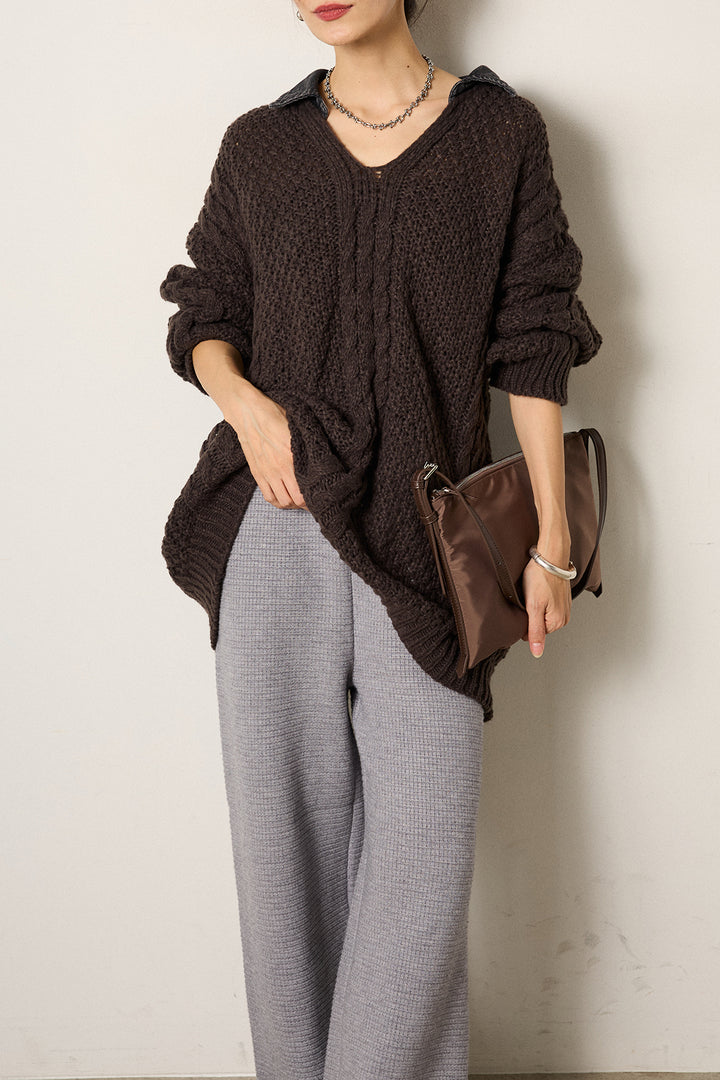 [SET]デニムカラーケーブルオーバーニット+ワイドリブニットイージーパンツ(2set)