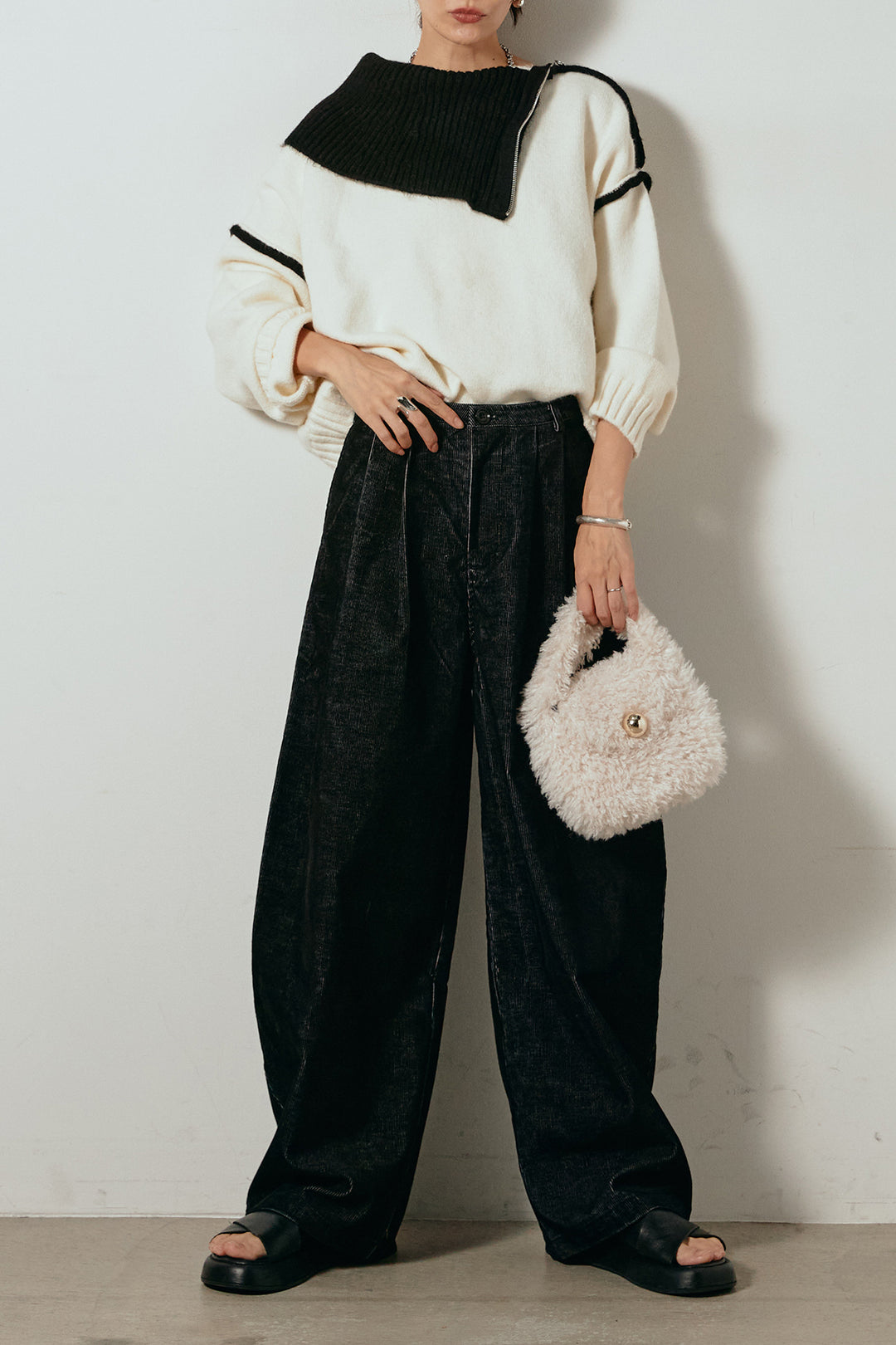 [SET]ハイネックジップデザインニットトップス+フロントタック入りコーデュロイパンツ(2set)