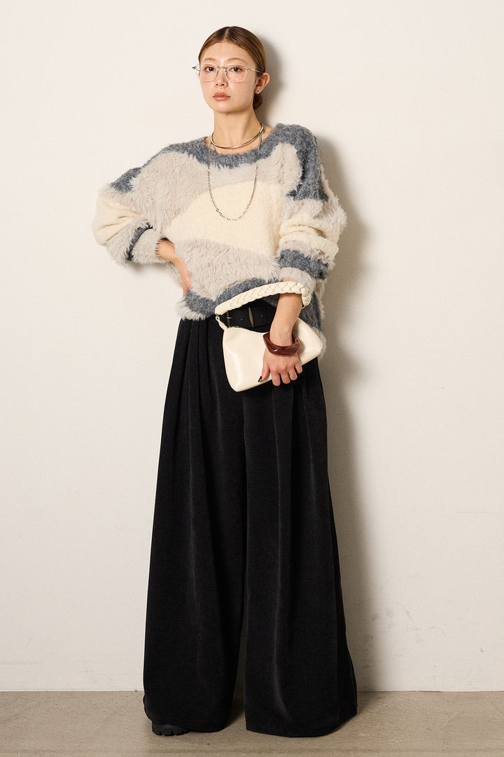 [SET]シャギーウェーブ柄クルーネックニットトップス+ベルトループコーデュロイワイドパンツ(2set)