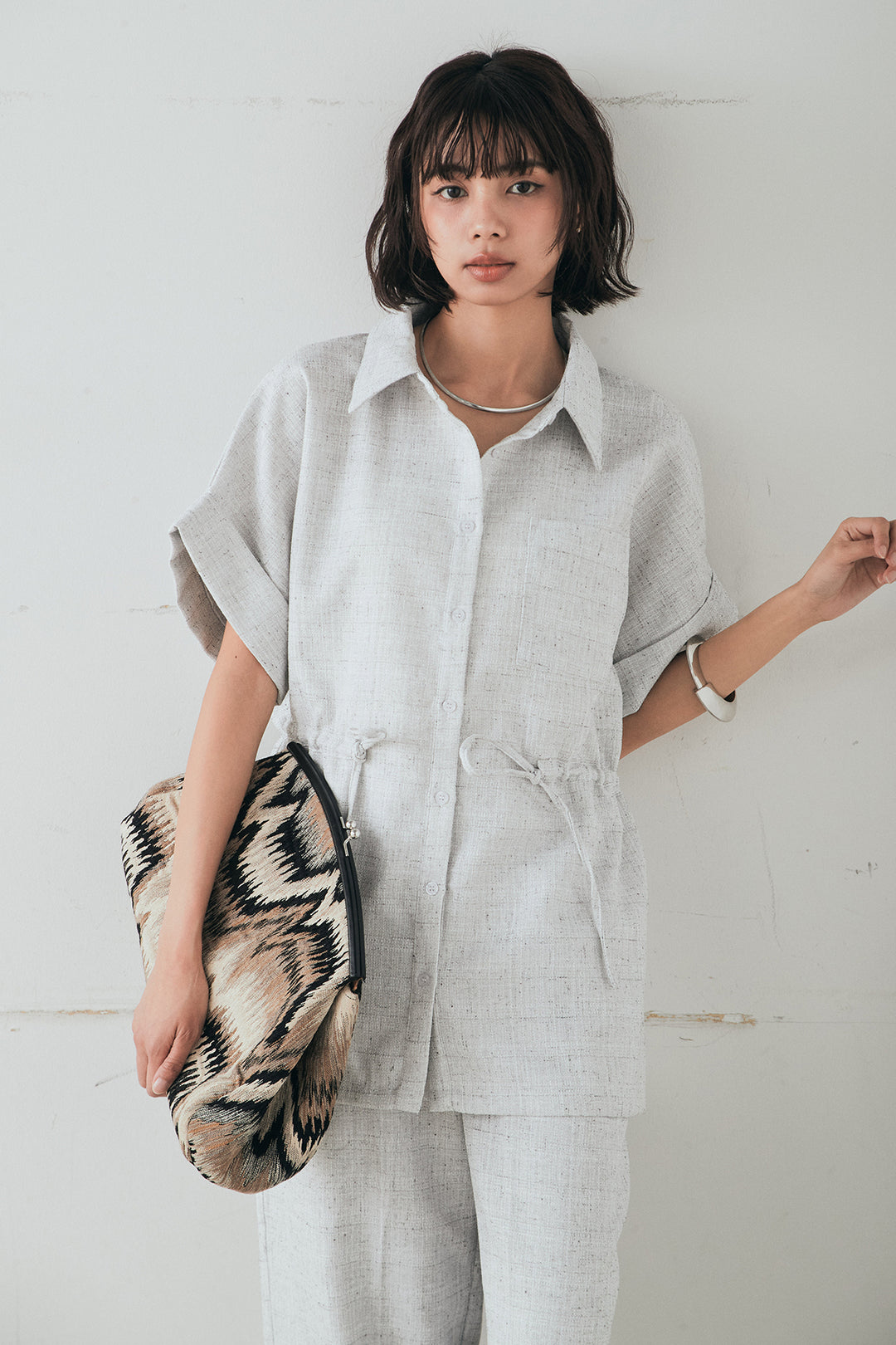 [SET]ツイードウエストドロストシャツ+ツイードタックパンツ(2set)