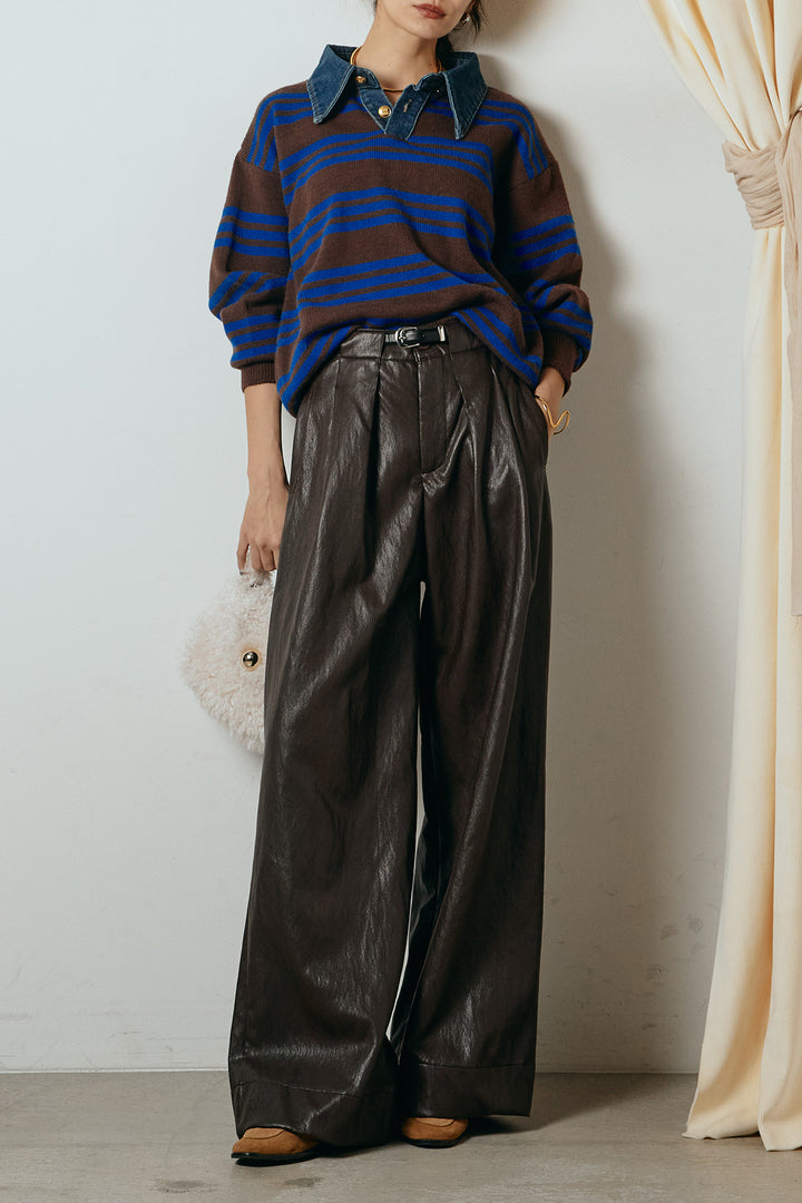 [SET]デニムレイヤード風ランダムボーダーニットプルオーバー+ベルト付きレザーライクタックパンツ(2set)