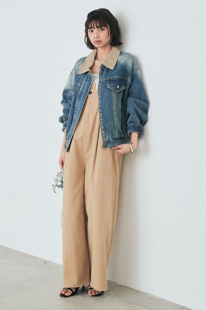 [SET]襟切り替えジップデニムジャケット+綿ツイルアシメサロペット(2set)