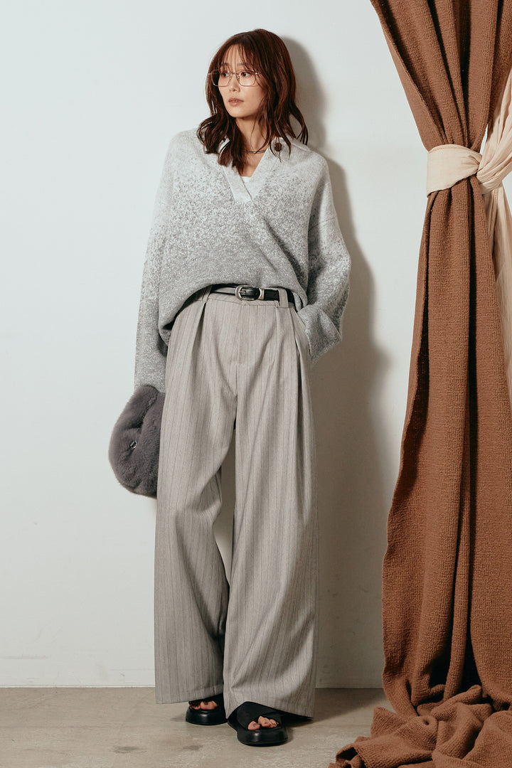 [SET]グラデーションラメニットキーネックプルオーバー+ストライプヘリンボーンパンツ(2set)