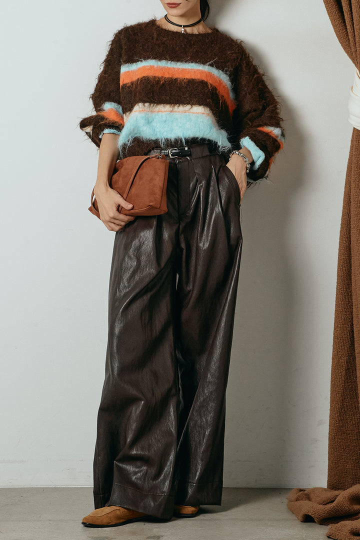 [SET]起毛配色マルチボーダーニットトップス+ベルト付きレザーライクタックパンツ(2set)