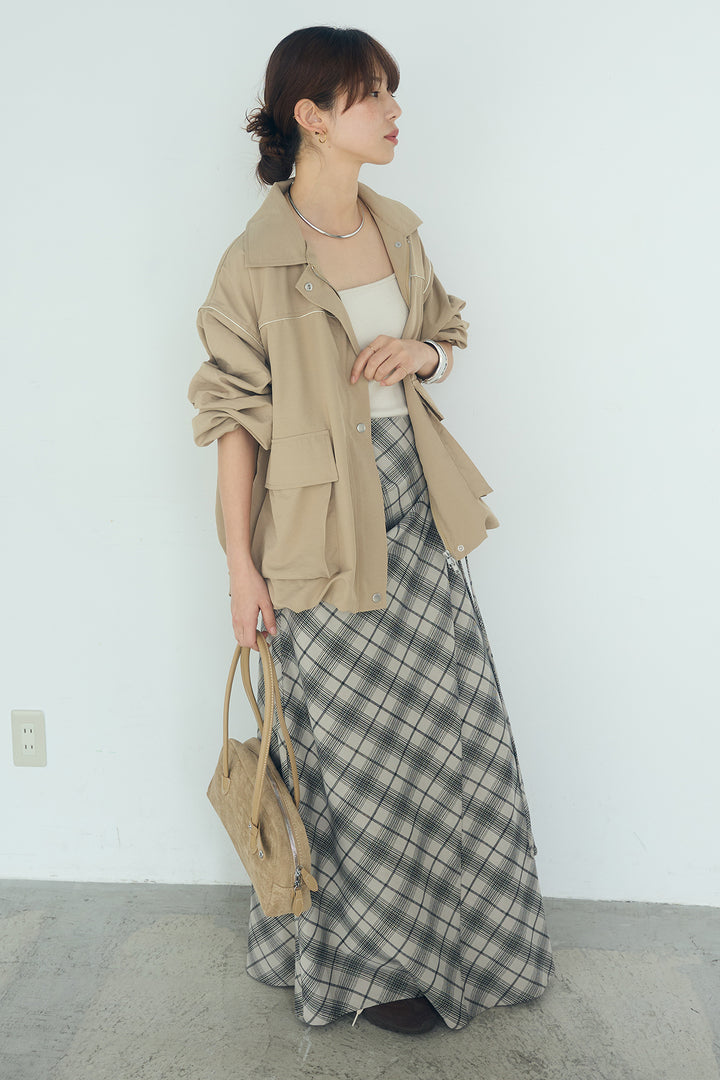 [SET]合繊ツイルバルーンジャケット+タータンチェック柄フロントデザインスカート(2set)