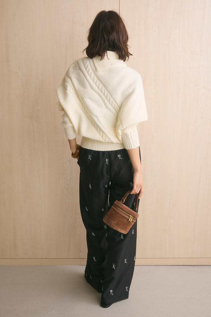 [SET]アシメカラーボタンケーブルニット+総ビーズ刺繍パンツ(2set)