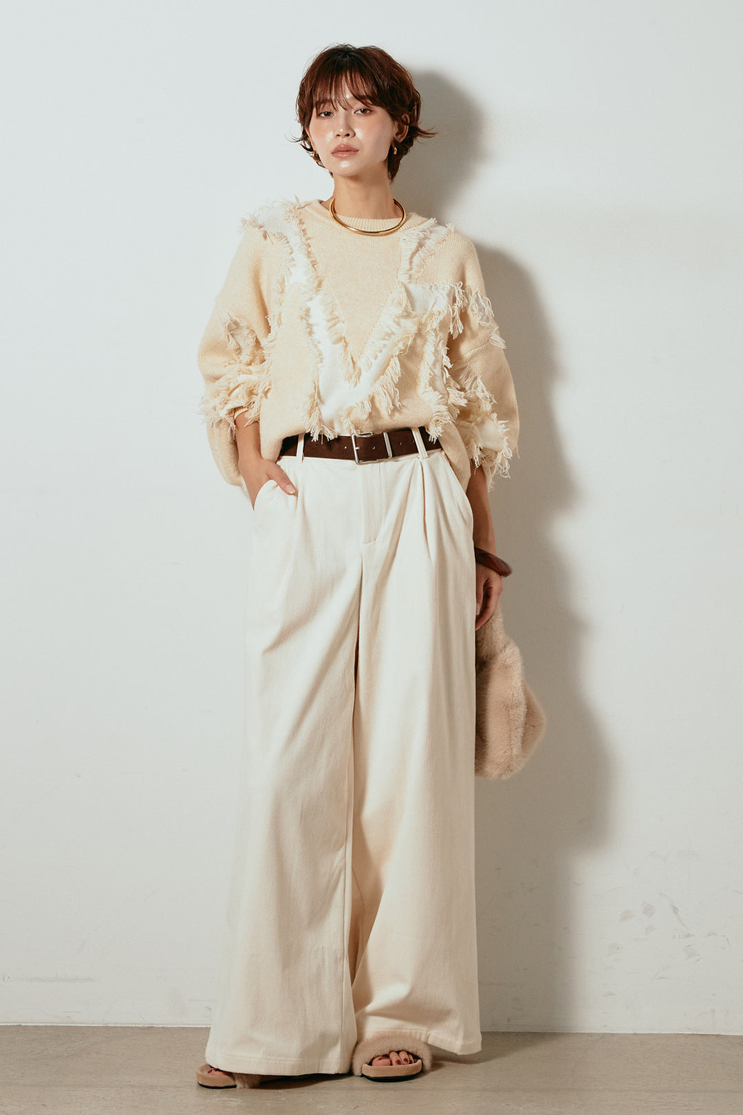 [SET]シャギージャガードニットトップス+太ベルト付きコーデュロイタックパンツ(2set)