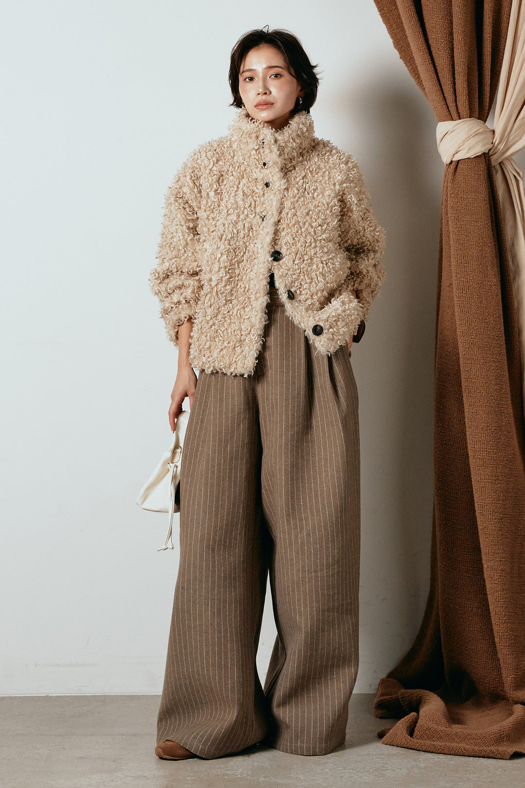 [SET]プードルファーミドルジャケット+ウールライクストライプパンツ(2set)