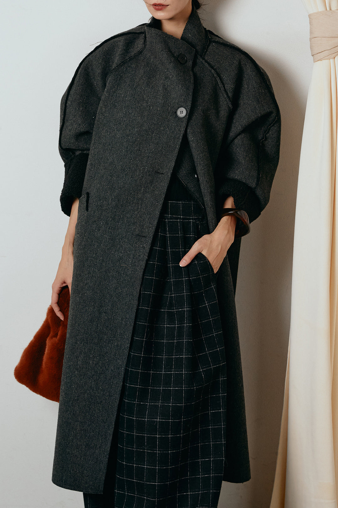 [SET]裏地ボアハイネックロングアウター+ウールライクチェックタックパンツ(2set)