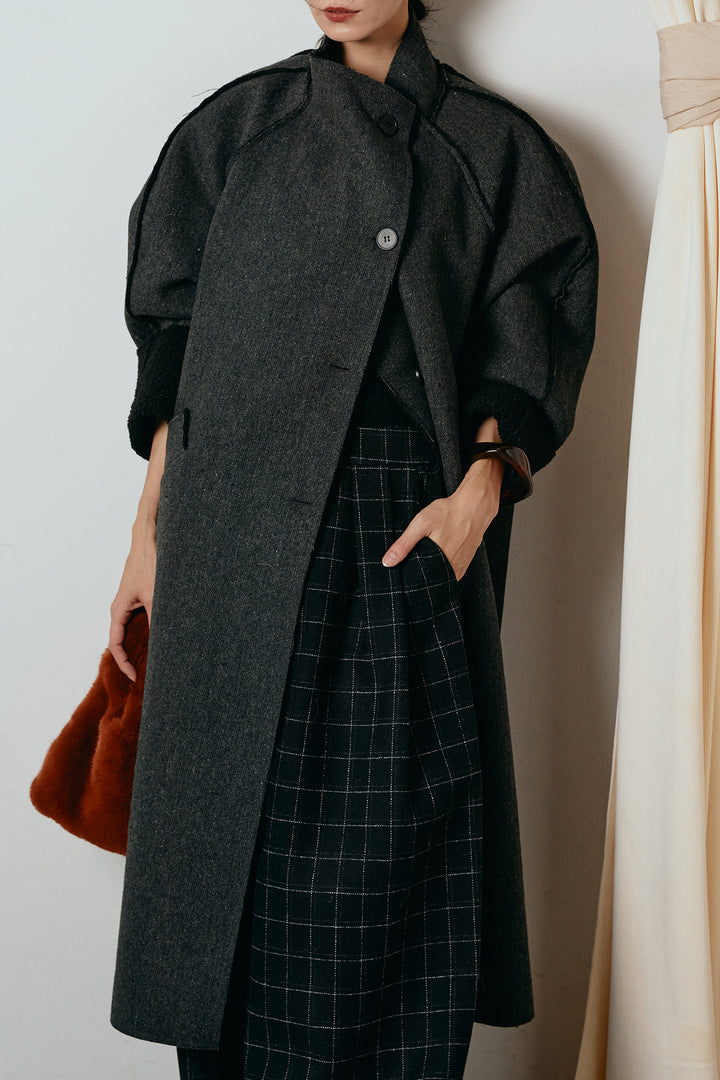 [SET]裏地ボアハイネックロングアウター+ウールライクチェックタックパンツ(2set)