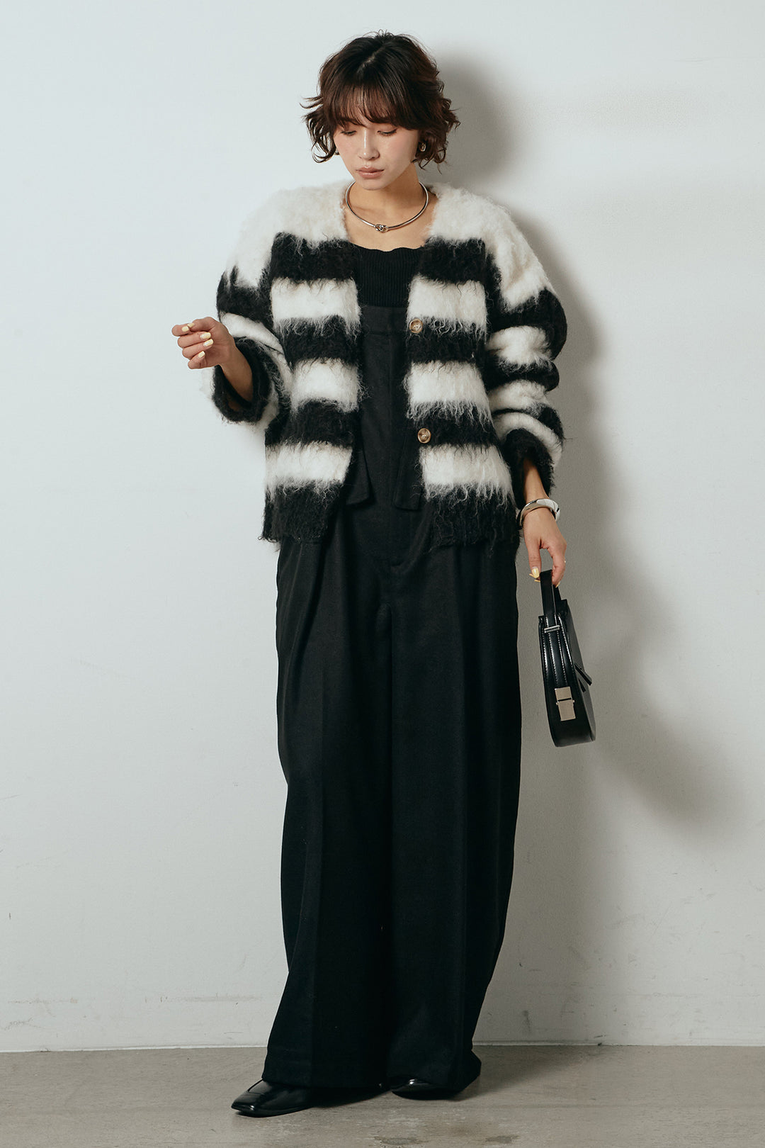 [SET]シャギーボーダー柄ニットカーディガン+ウール混フランネルワイドサロペット(2set)