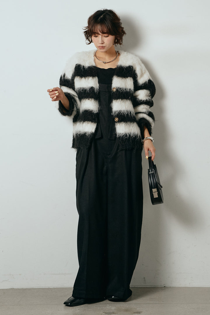 [SET]シャギーボーダー柄ニットカーディガン+ウール混フランネルワイドサロペット(2set)