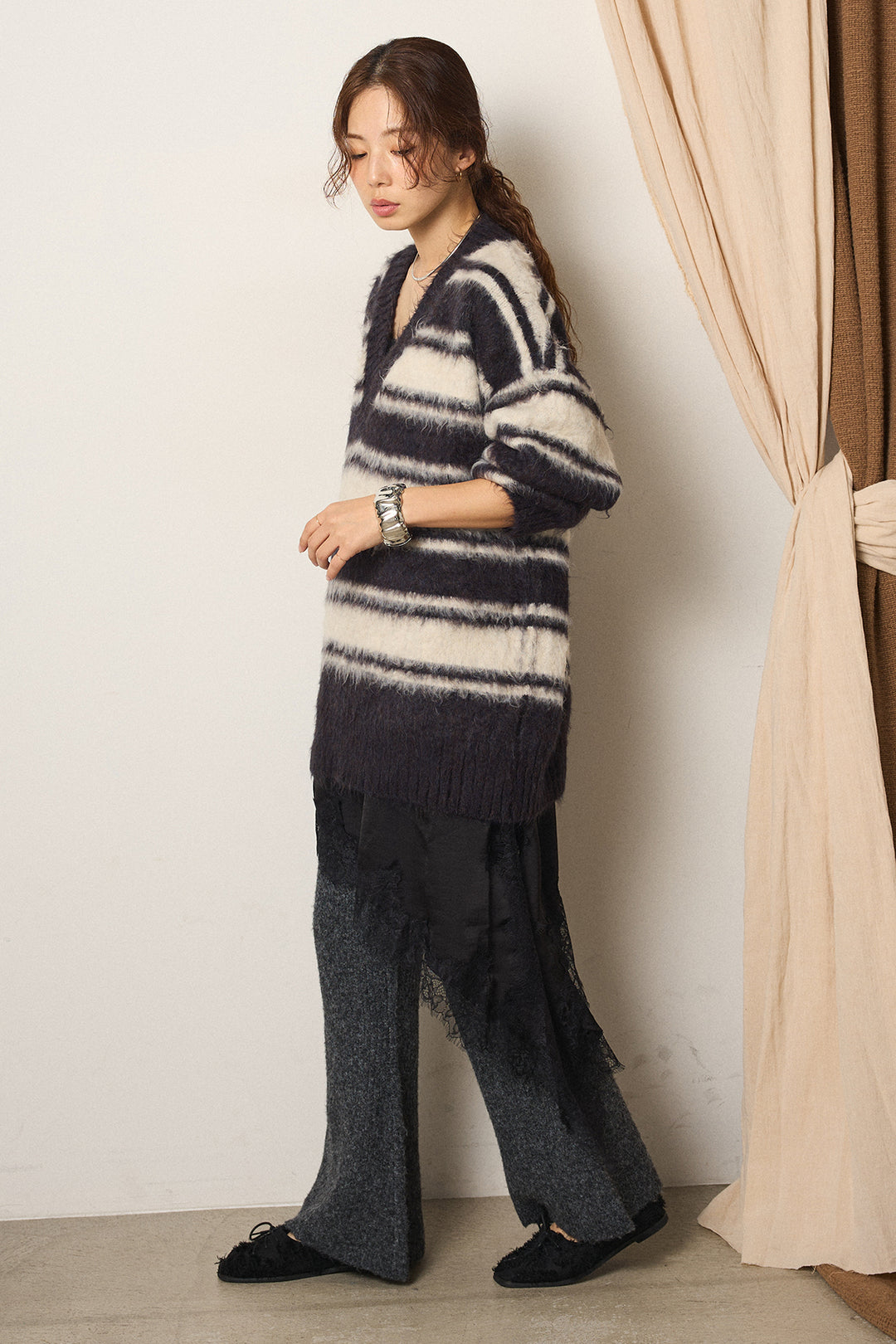 [SET]ルーズVネックボーダーニットトップス+杢ニットリブフレアパンツ(2set)