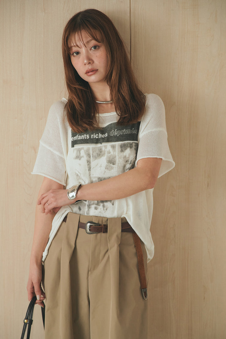 [SET]半袖モノトーングラフィックトップス+ベルトループデザインハイウエストタックパンツ(2set)