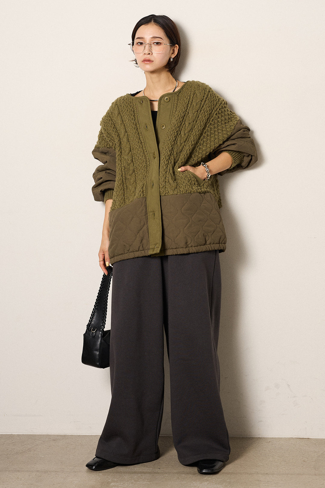 [SET]アラン編みニットノーカラー裾キルティングブルゾン+裏起毛スウェットワイドパンツ(2set)