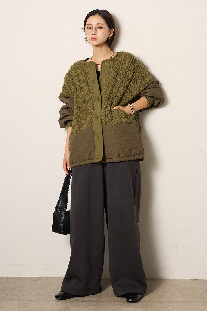 [SET]アラン編みニットノーカラー裾キルティングブルゾン+裏起毛スウェットワイドパンツ(2set)
