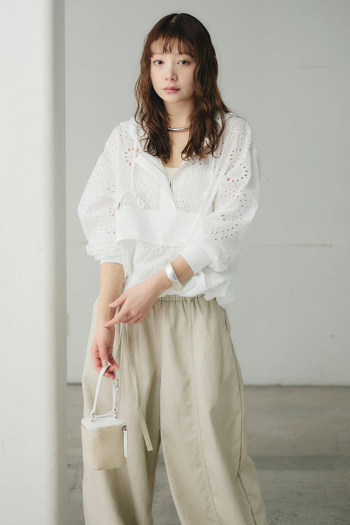 [SET]レースハーフジップアップフーディー+フェイクレザーカーブワイドパンツ(2set)