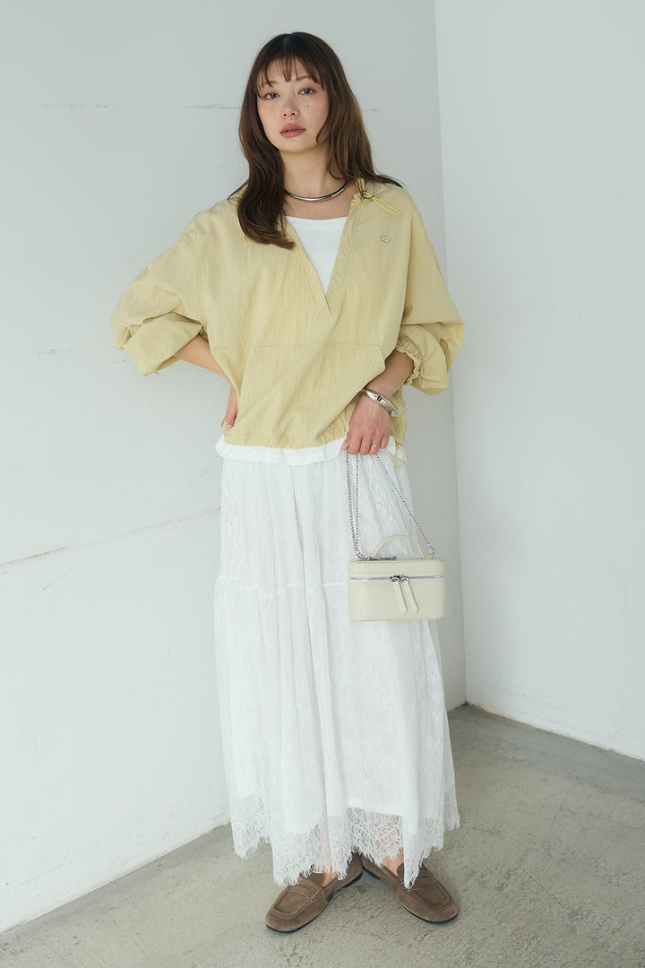 [SET]レイヤードデザインフーディートップス+ひげレース切替ロング丈スカート(2set)