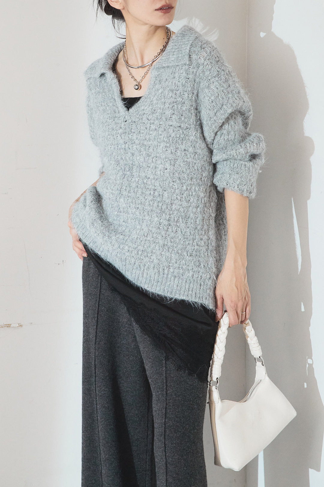 [SET]襟付きVネックニットトップス+レース切り替えキャミソール(2set)