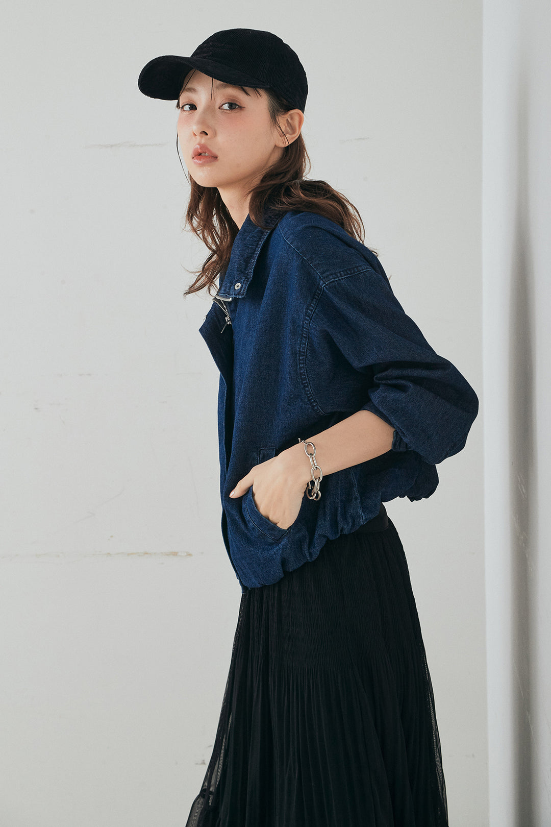 [SET]スタンドカラーデニムブルゾンジャケット+ボリュームシルエットチュールスカート(2set)