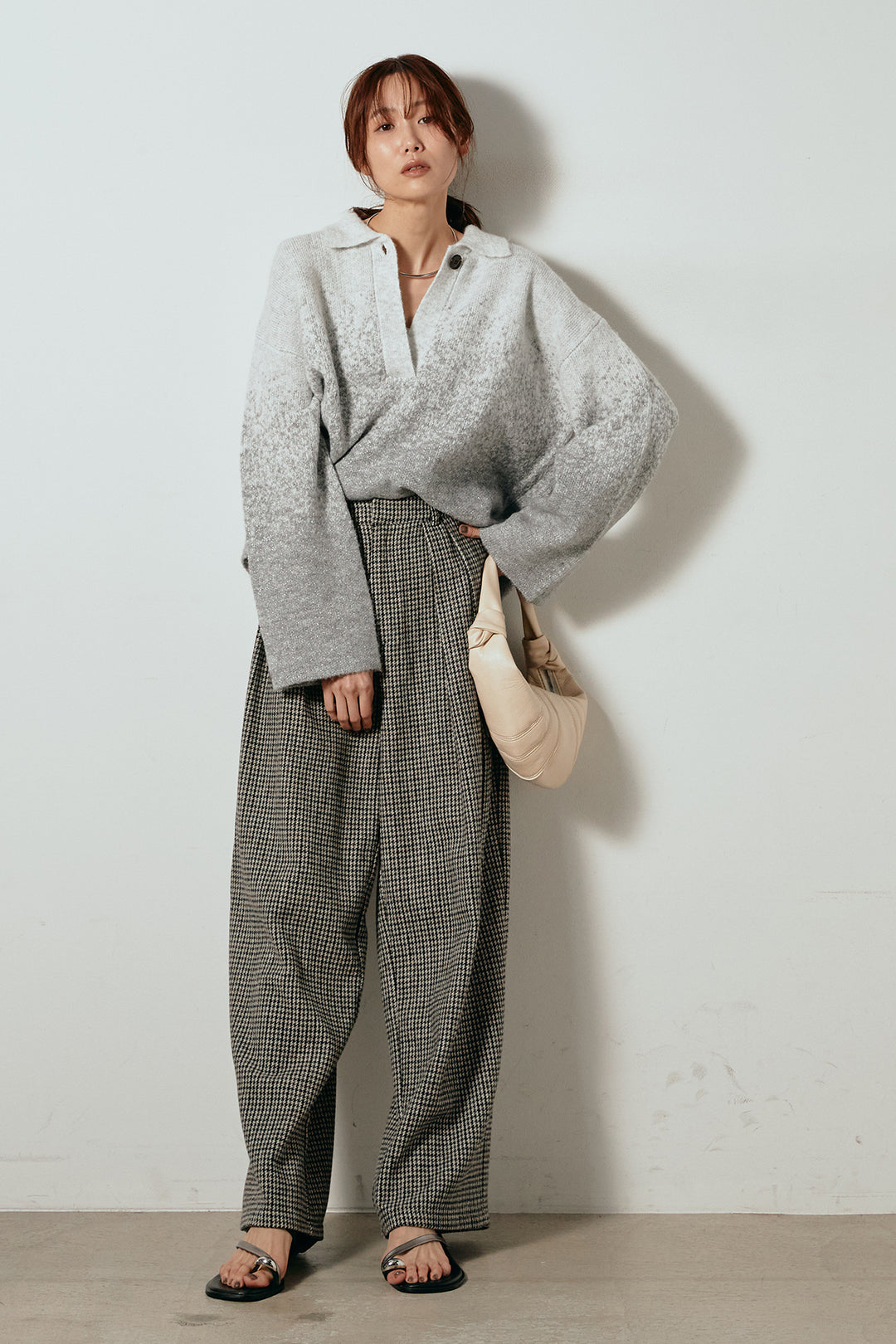 [SET]グラデーションラメニットキーネックプルオーバー+ガンクラブチェックタックパンツ(2set)