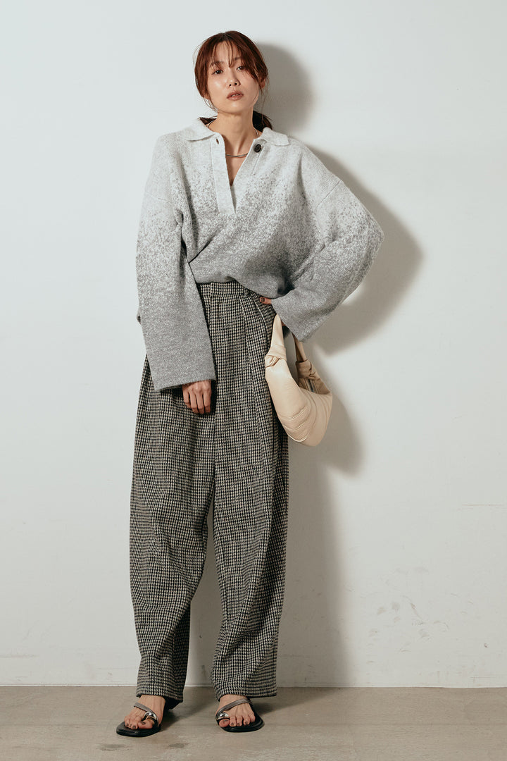 [SET]グラデーションラメニットキーネックプルオーバー+ガンクラブチェックタックパンツ(2set)