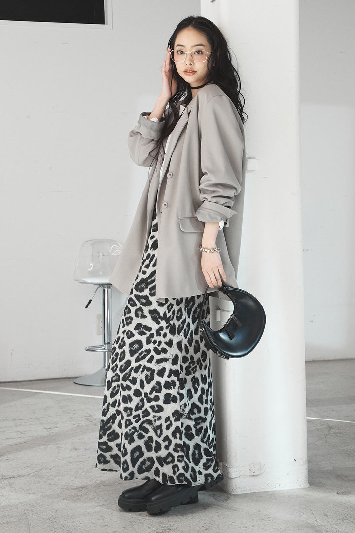 [SET]ルーズシルエットダブルテーラードジャケット+ストレッチロングTシャツ+レオパードサテンナロースカート(3set)