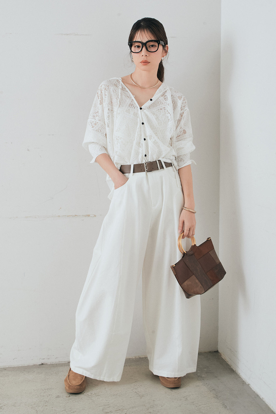 [SET]ブロックレースフード付きブラウス+ベルト付きサイドタックワイドパンツ(2set)