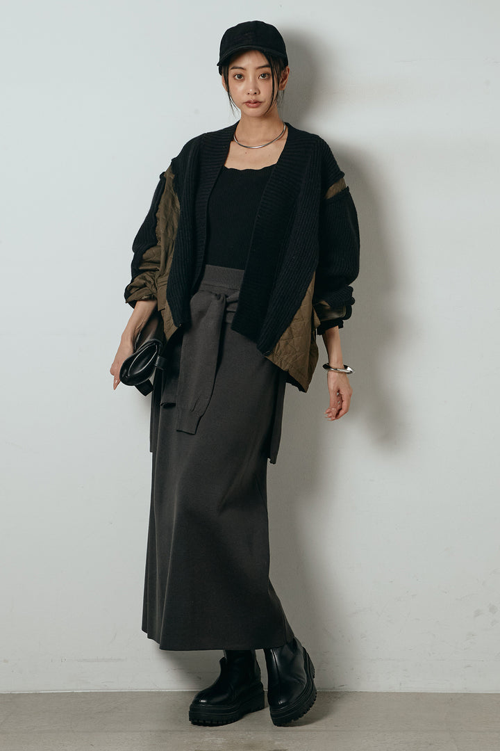 [SET]キルティング切り替えニットカーディガン+ウエストラップ巻きニットスカート(2set)